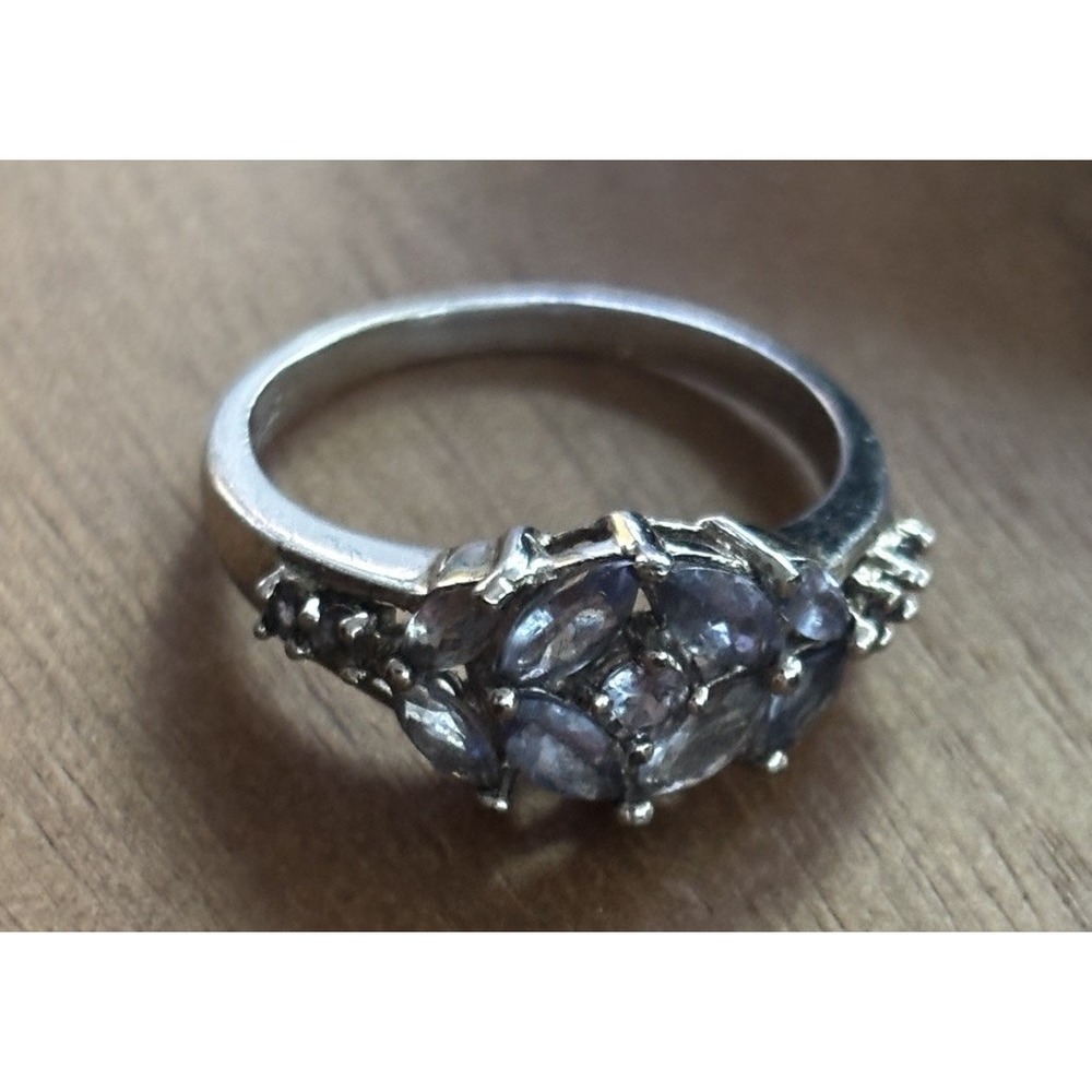 STAUER 925 STERLING SILVER NATURAL TANZANITE FLOWER CLUSTER RING Size 7.25